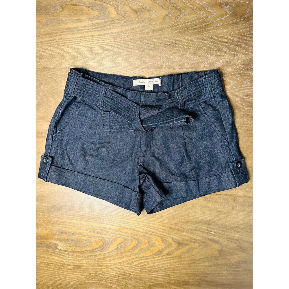 Forever 21‎ Dark Wash Denim Belted Shorts Paperbag Waist Cuffed Women's M